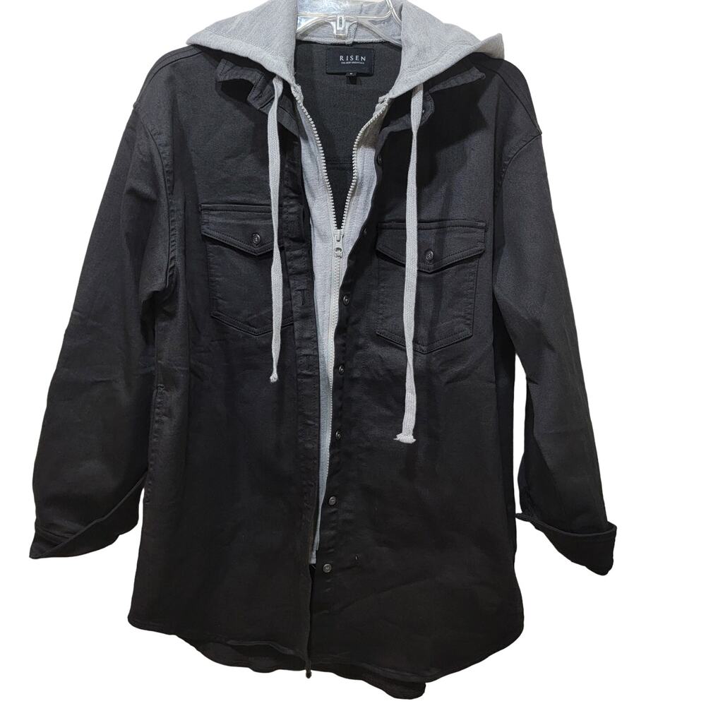 Risen Jacket Oversized Hood S Black Gray Zipped Button Layered Look Small Grunge